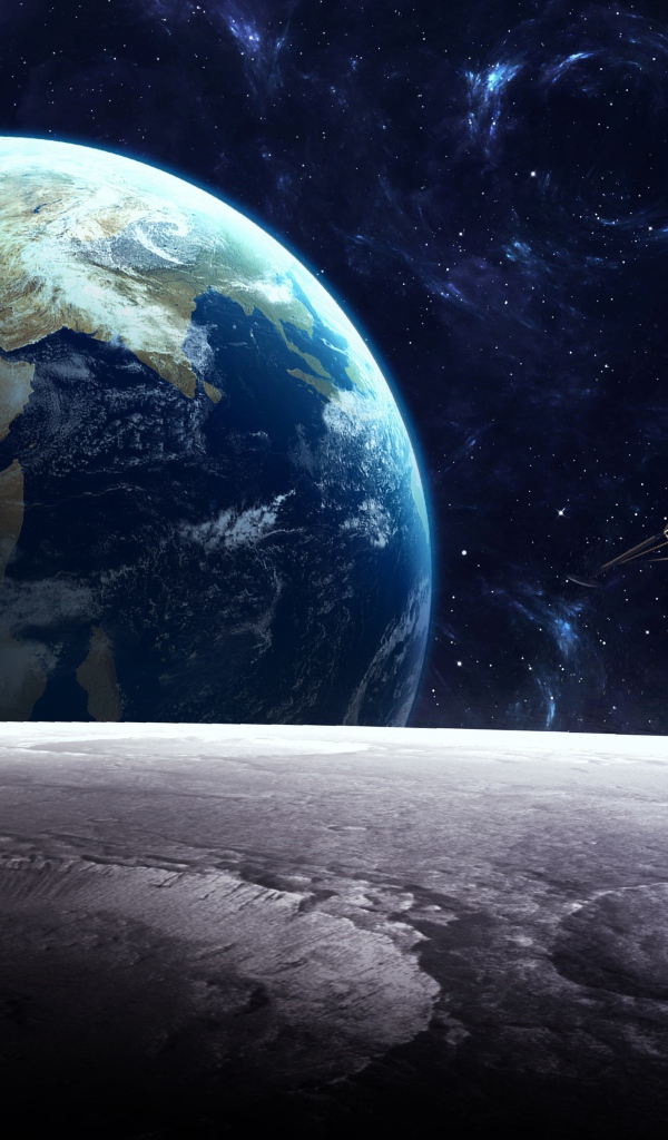 Вид с луны на спутник и планету Земля в космосе 