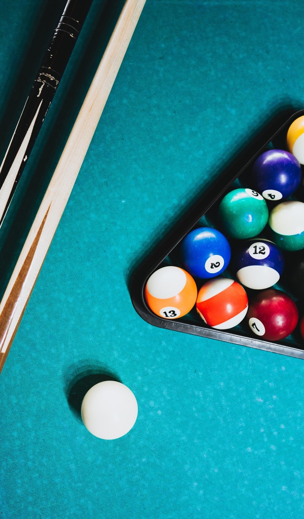 Шары для бильярда на столе с кием