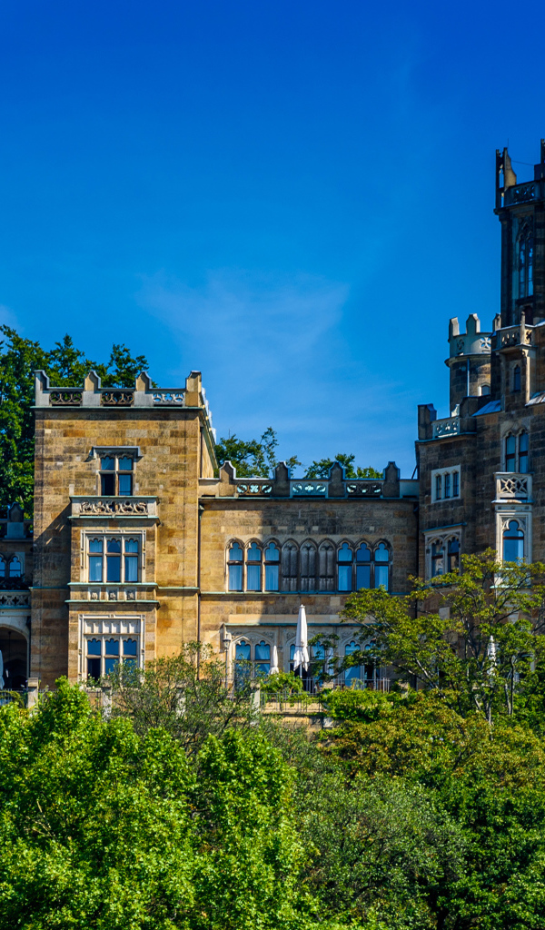 Старинный замок в зарослях деревьев на фоне голубого неба, Германия