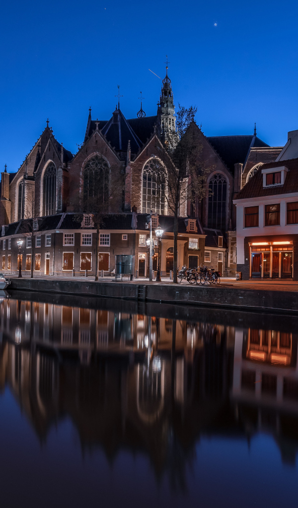 Дома отражаются в воде канала ночью, Нидерланды 