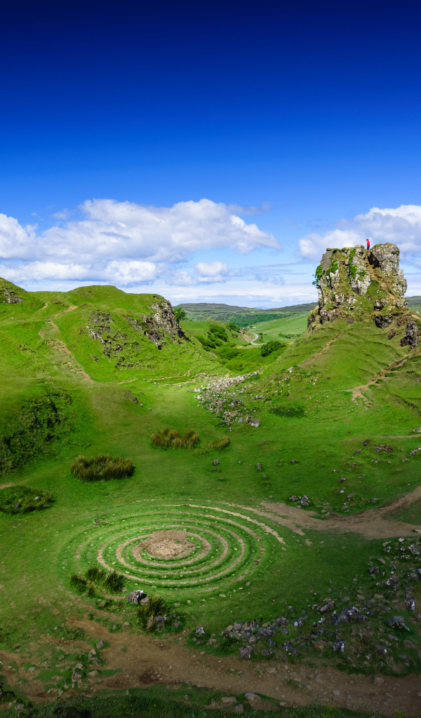 Круги на зеленой траве под голубым небом, Шотландия 