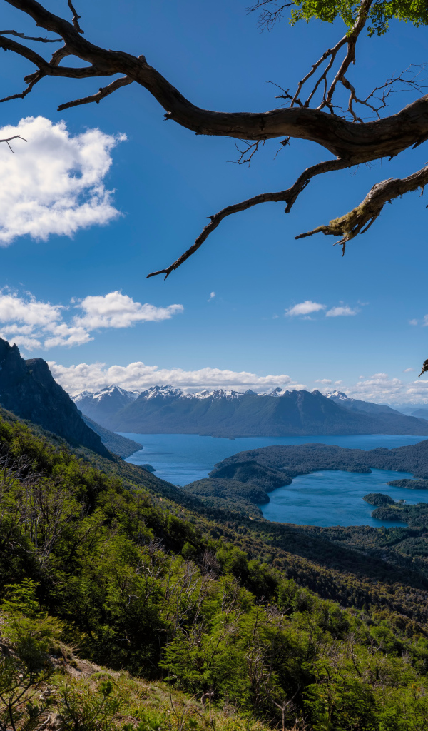 Красивый вид на горы и залив под голубым небом, Аргентина 