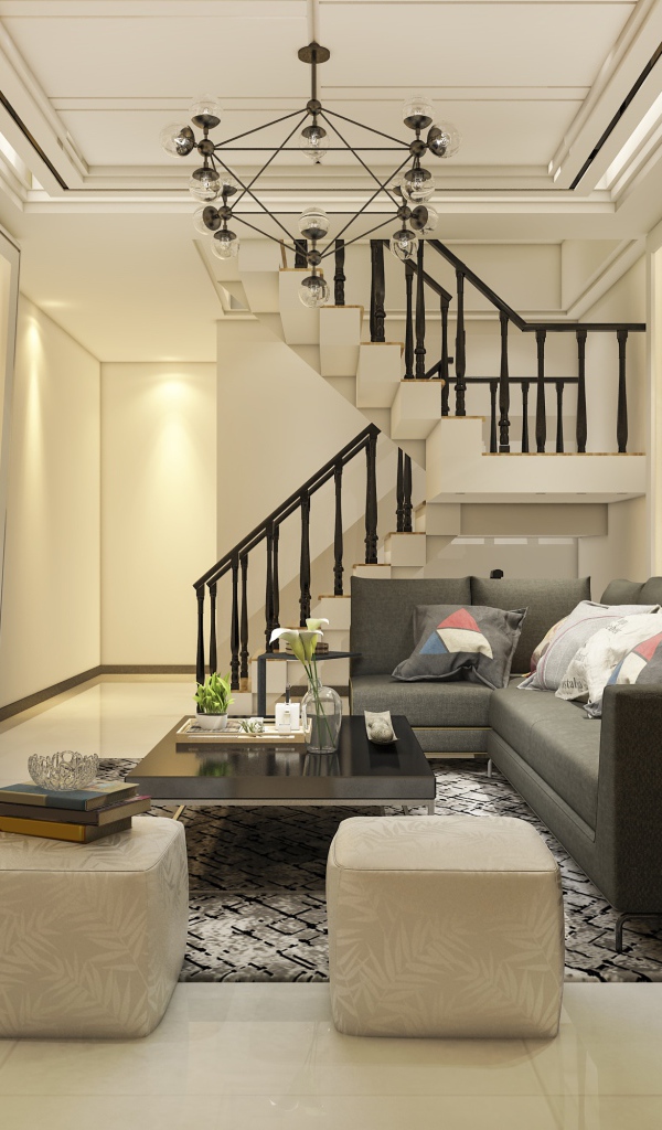 Красивая гостиная комната с большим телевизором и лестницей 