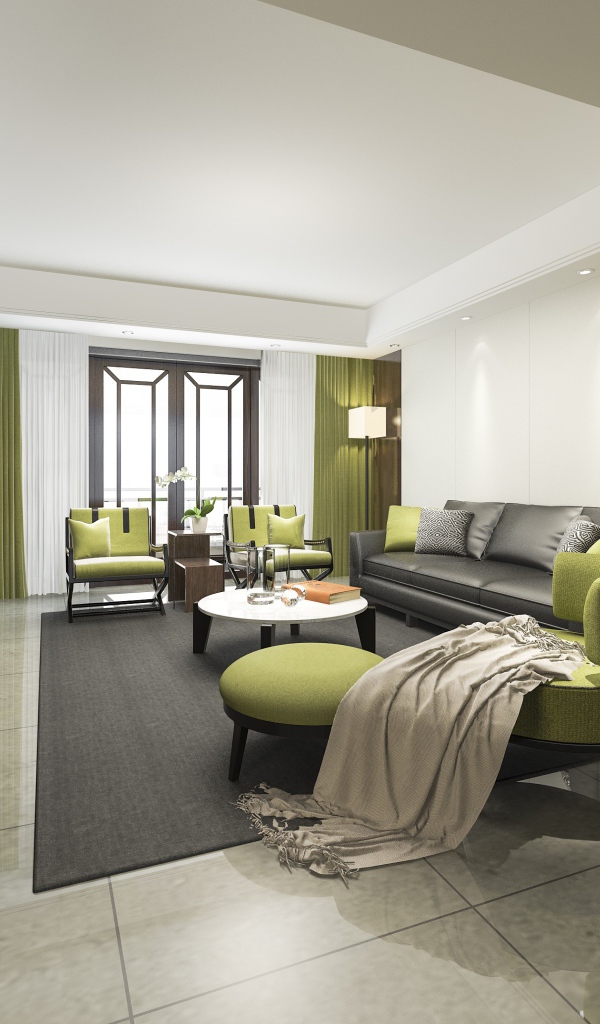 Черный кожаный диван в гостиной комнате 