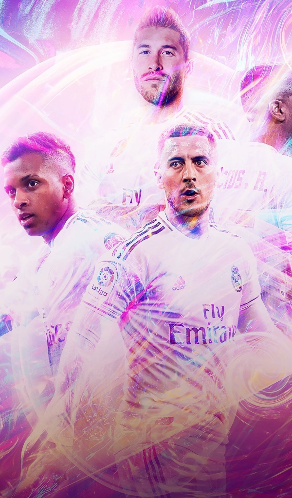 Футболисты из клуба Real Madrid на разноцветном фоне