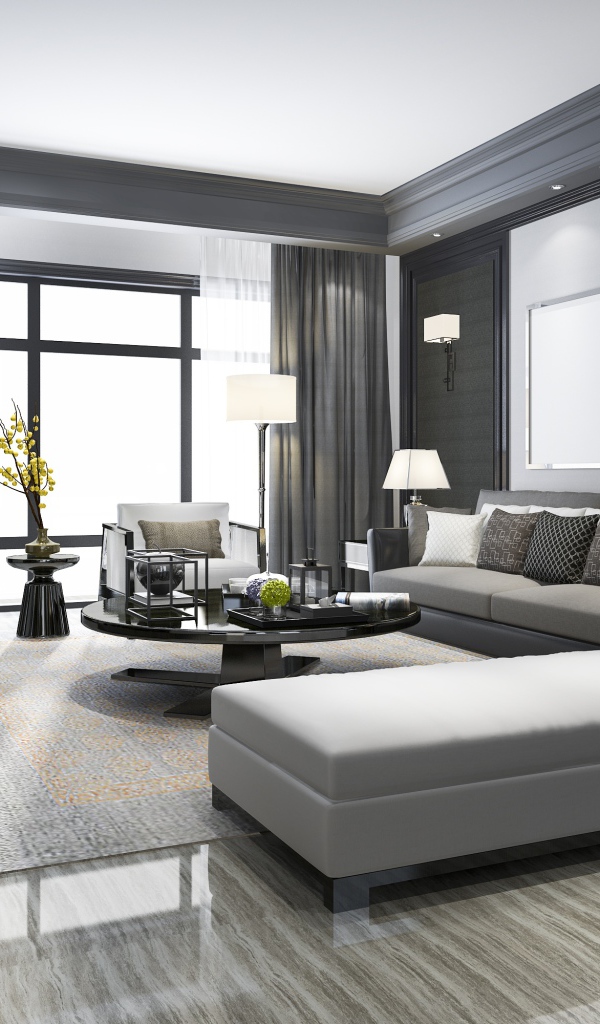 Серая мебель в гостиной  комнате с большим окном