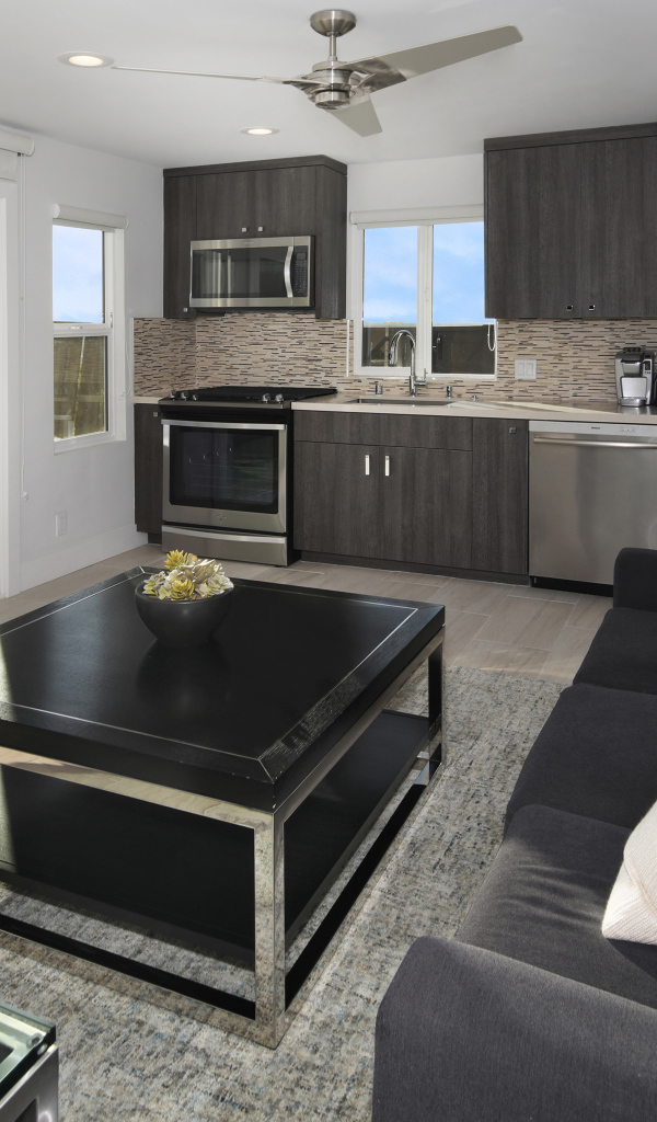 Большая гостиная комната в темных тонах