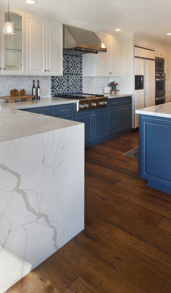 Большая стильная кухня с паркетным полом