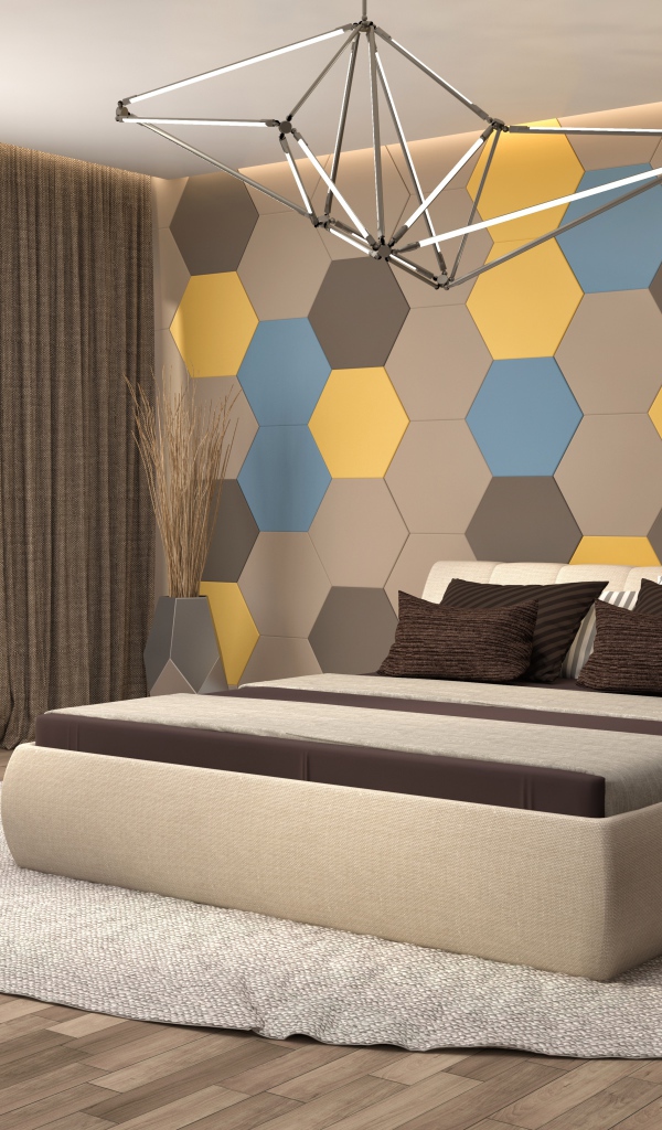 Спальная комната в стиле минимализм с большой кроватью 