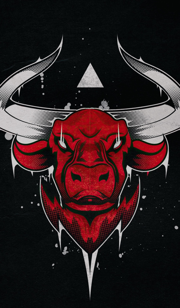 Красный бык с белыми рогами на черном фоне