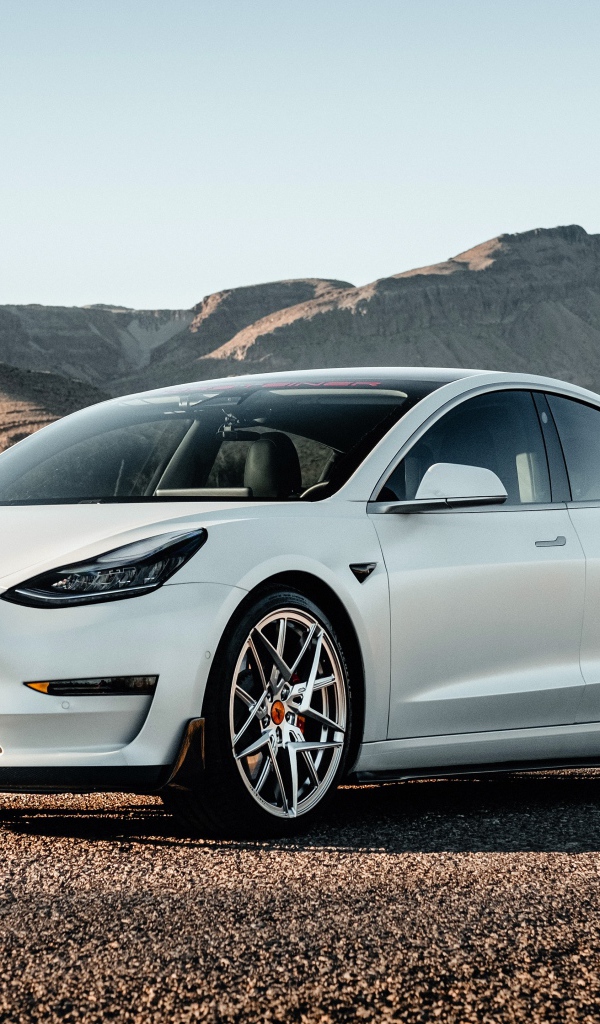 Белый автомобиль Tesla Model 3 Volta 2019 года на фоне гор 