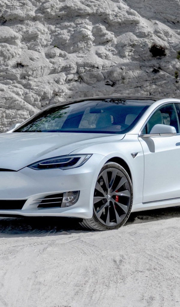 Белый автомобиль  Tesla Model S Performance, 2020 года в горах