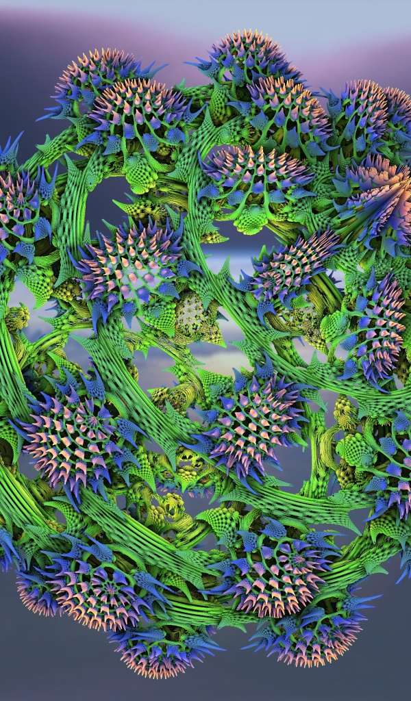 Большой колючий фрактальный цветок на сером фоне
