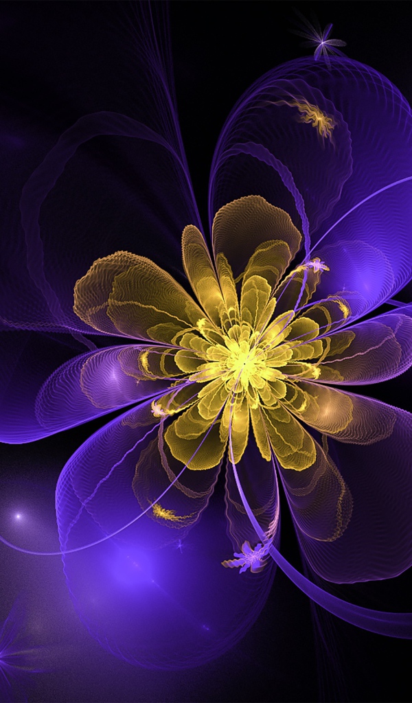 Purple fractal with yellow middle on black background