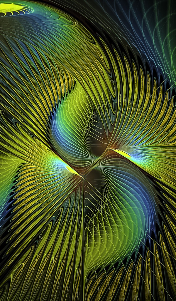 Переливающийся волнистый фрактальный узор на черном фоне