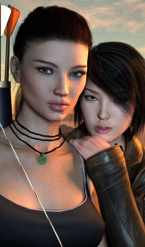 Две 3д девушки с луком и стрелами