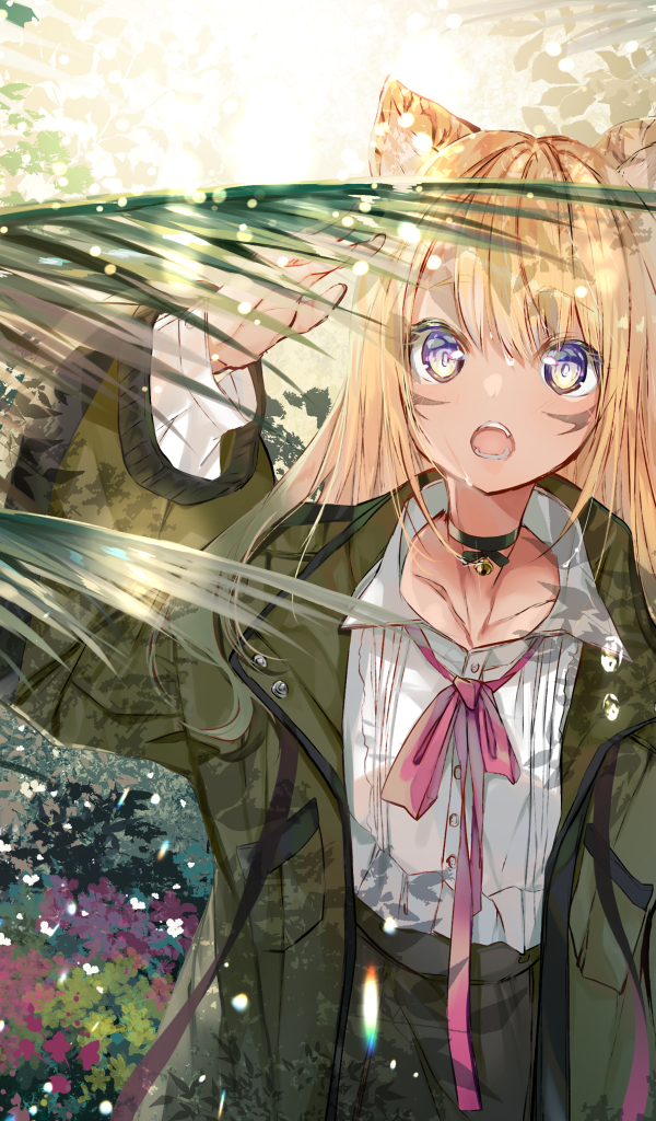 Аниме девушка в зеленых листьях папоротника