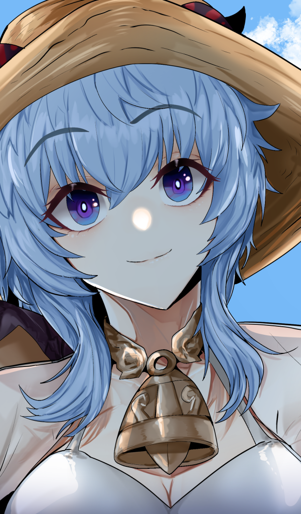 Девушка аниме с голубыми волосами в шляпе