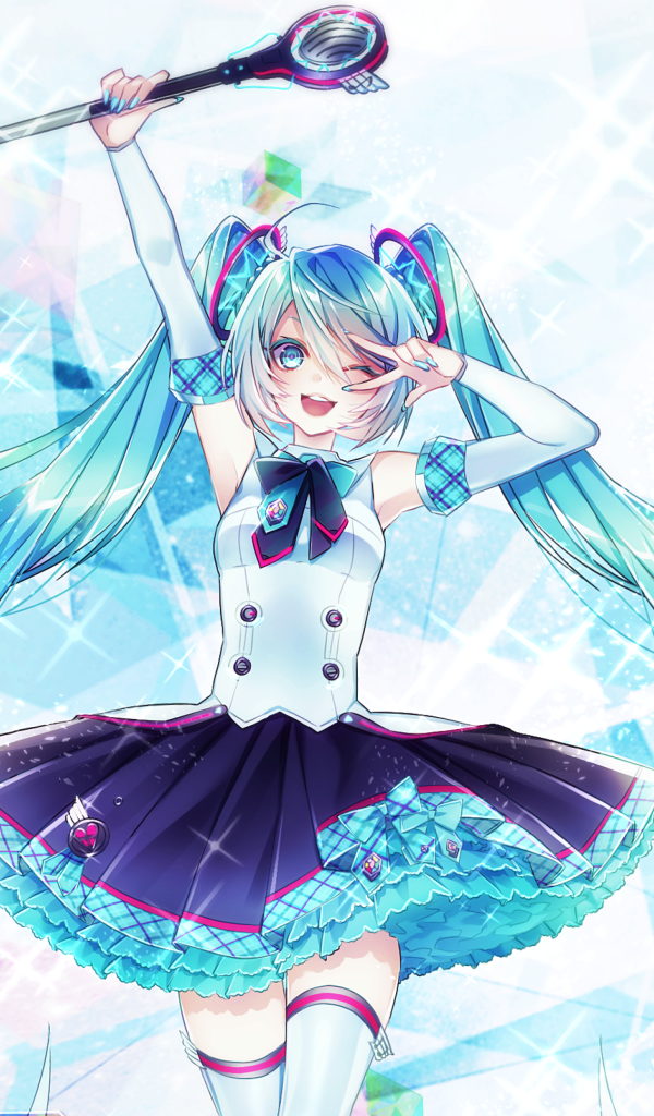 Девушка аниме с голубыми волосами с кристаллами