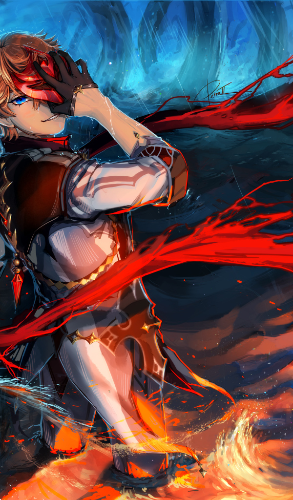 Мужчина аниме закрыл лицо рукой в воде