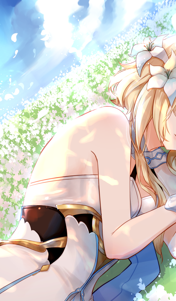 Красивая девушка аниме с цветами в волосах