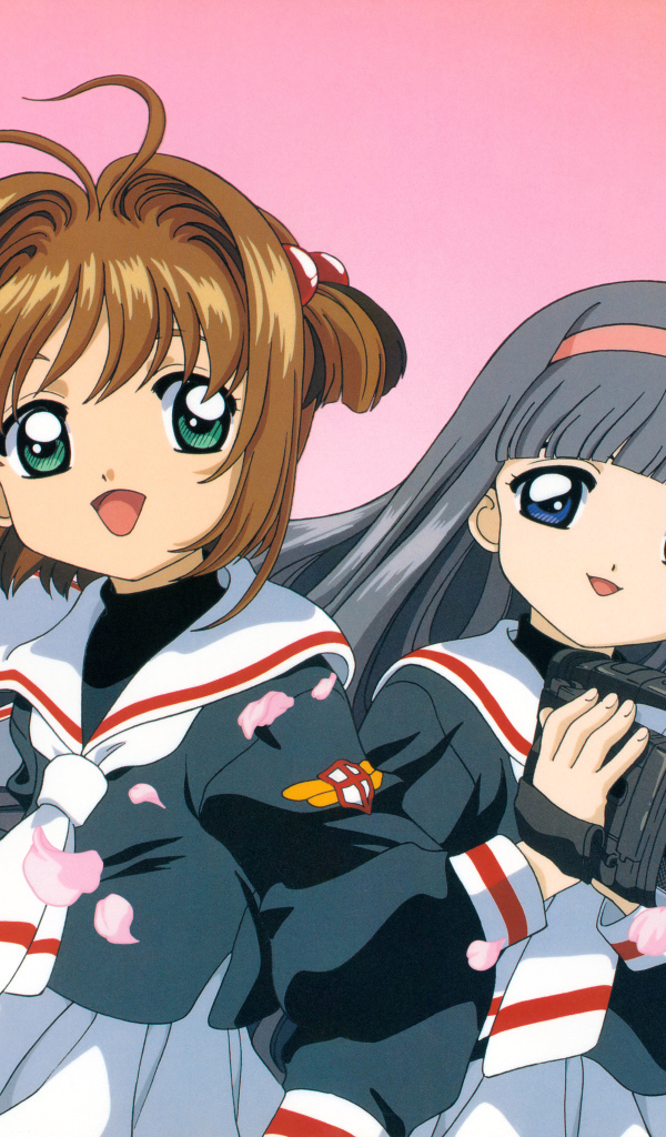 Две девушки аниме с камерой на розовом фоне