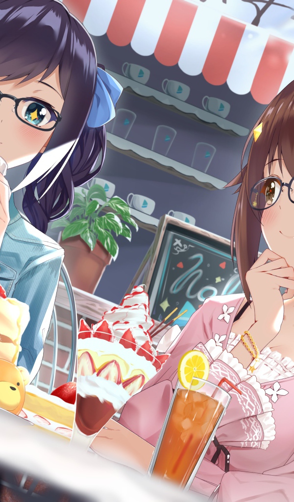 Две девушки сидят в кафе аниме  Виртуальный Ютубер