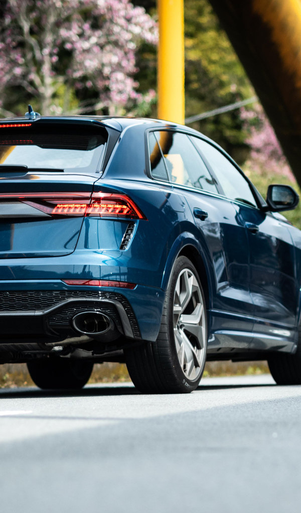 Синий кроссовер Audi RS Q8 2021 года вид сзади
