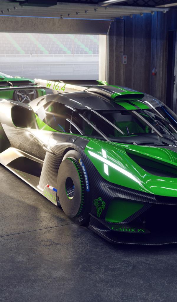 Зеленый гоночный автомобиль Bugatti Bolide 2022 года в гараже