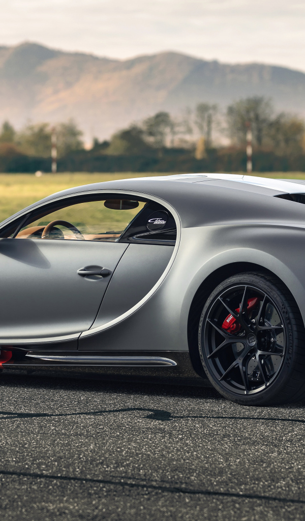 Серебристый спортивный автомобиль Bugatti Chiron  вид сзади