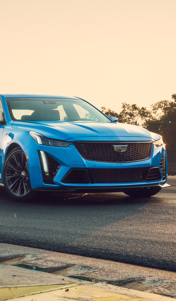Синий автомобиль Cadillac CT5-V Blackwing, 2022 года на закате