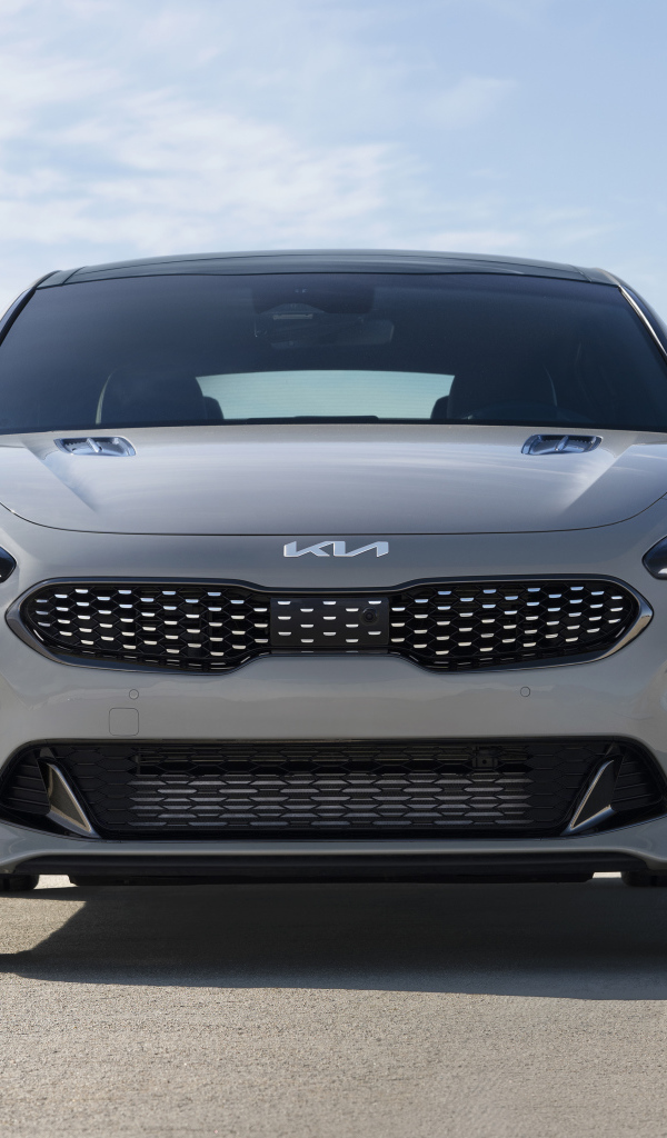 Серебристый автомобиль Kia Stinger GT Scorpion, 2022 года вид спереди