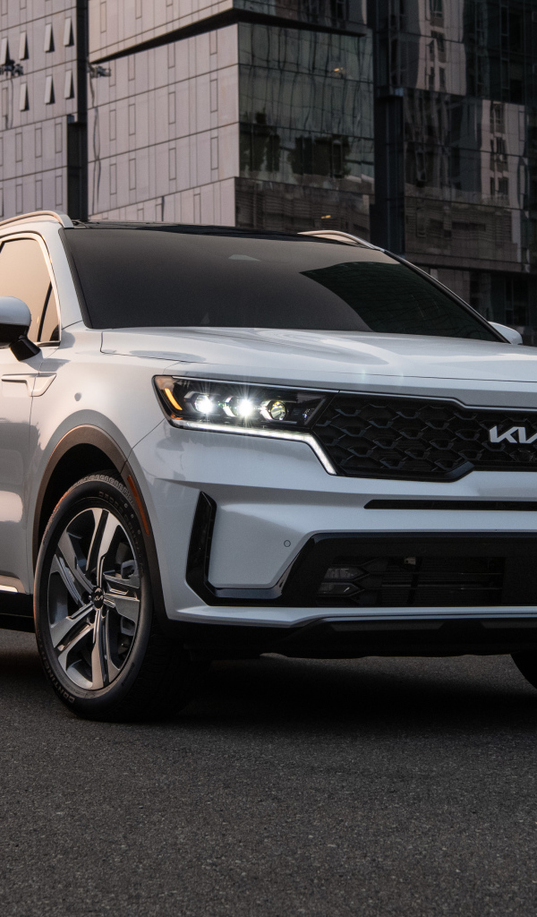 Белый автомобиль  Kia Sorento, 2022 года вид спереди