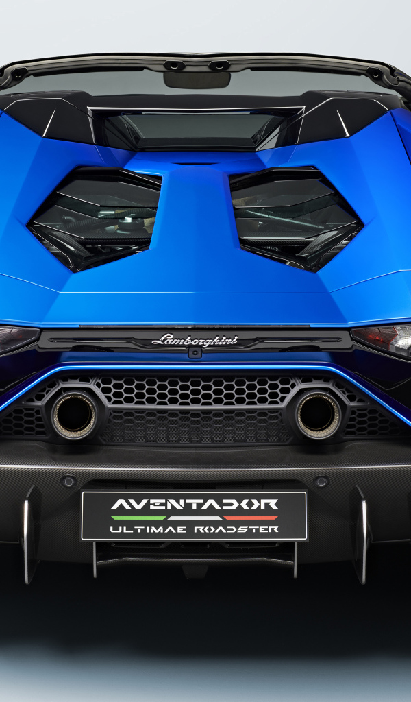 Синий автомобиль Lamborghini Aventador LP 780-4 Ultimate Roadster 2021 года вид сзади