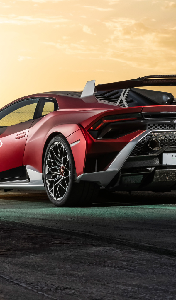 Автомобиль Lamborghini Huracán STO 2021 года вид сзади на закате
