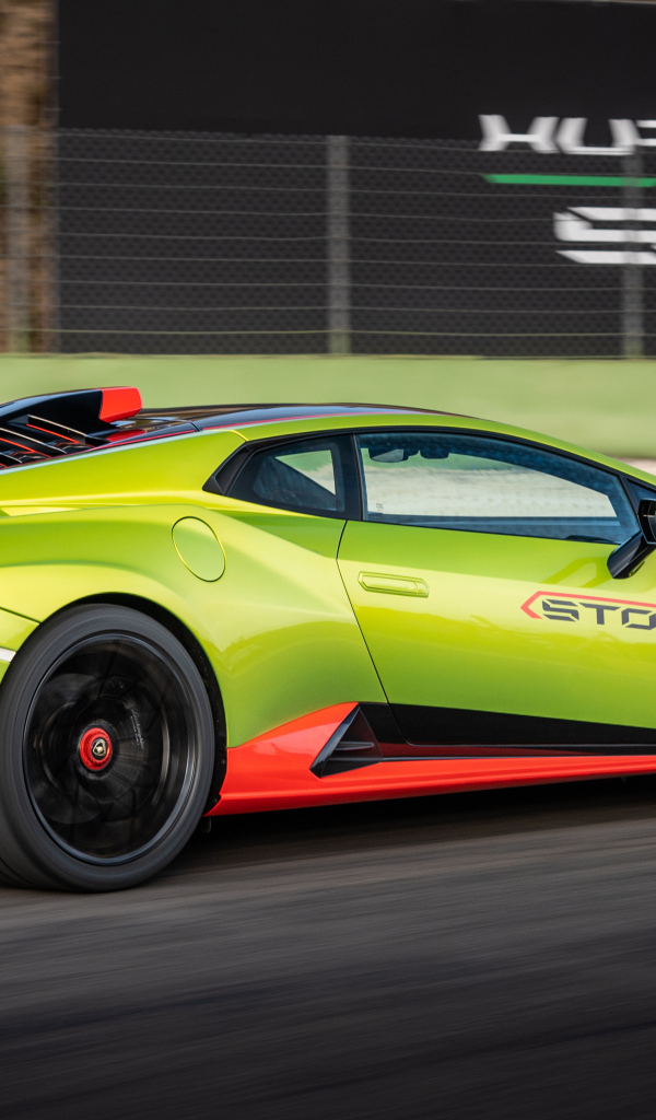 Зеленый автомобиль Lamborghini Huracán STO 2021 года вид сзади