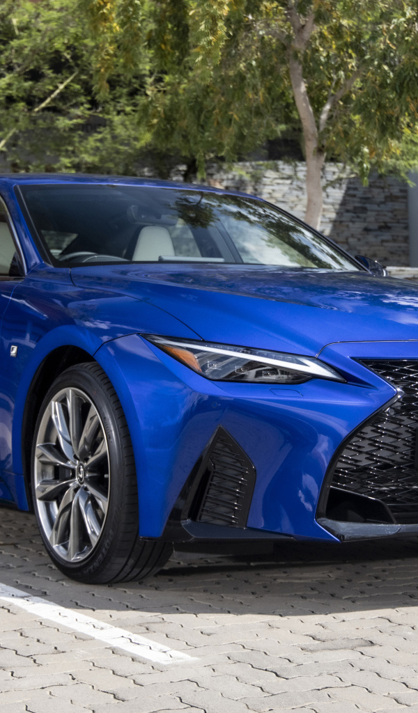 Синий автомобиль Lexus IS 300h F SPORT 2021 года вид спереди