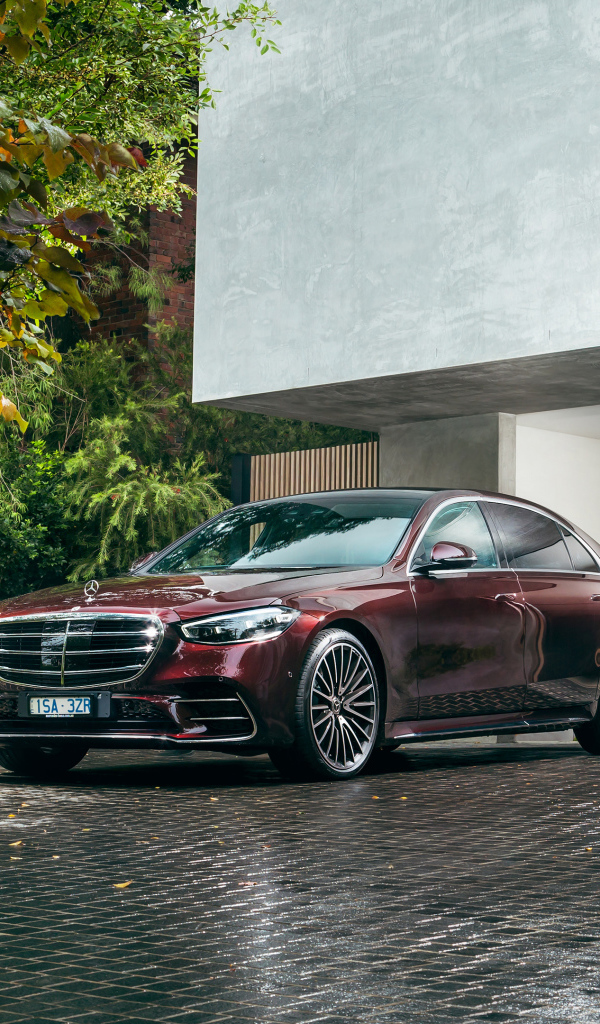 Бордовый автомобиль Mercedes-Benz S 450 Lang 4MATIC AMG Line 2021 года у дома