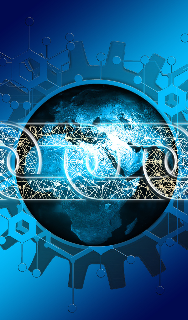 Информационная цепь с планетой земля на синем фоне 