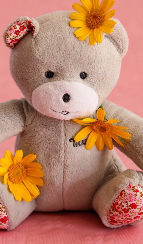 Красивый плюшевый мишка с цветами на розовом фоне