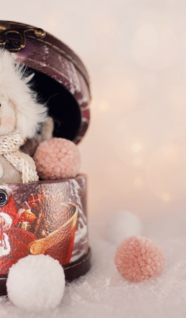 Маленький снеговик сидит в шкатулке 