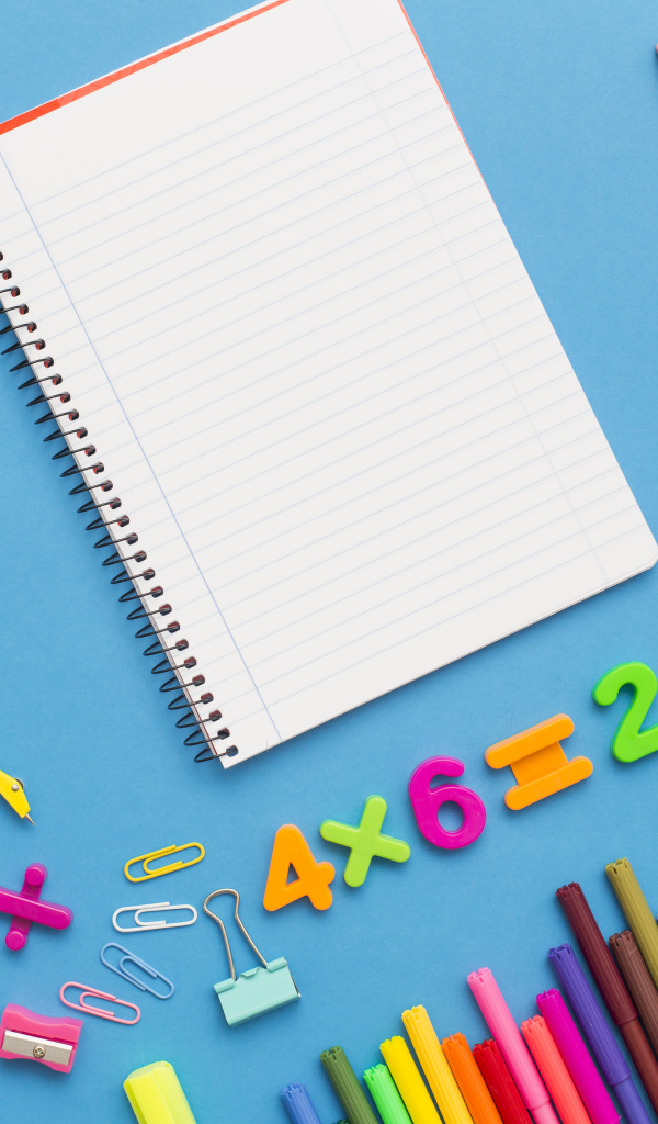 Тетрадь с канцелярскими предметами на голубом фоне 