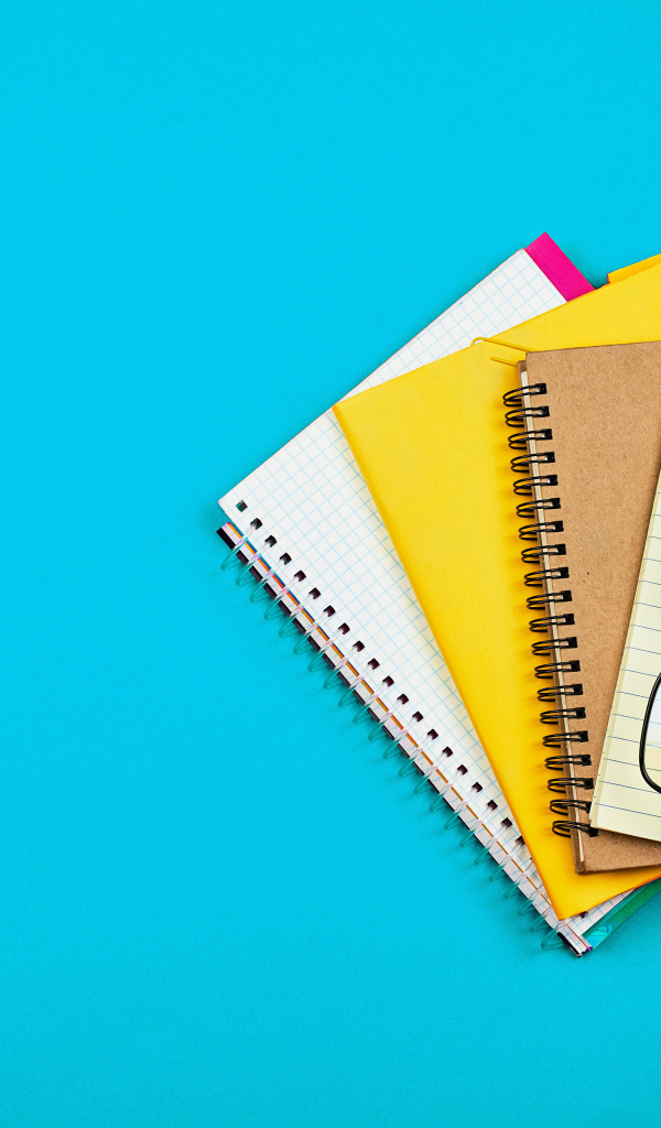 Блокноты, очки и ручка на голубом фоне