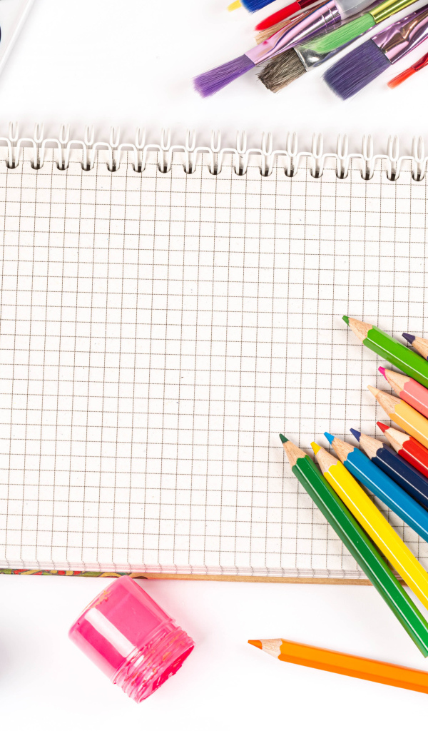 Карандаши, краски и тетрадь на белом фоне 