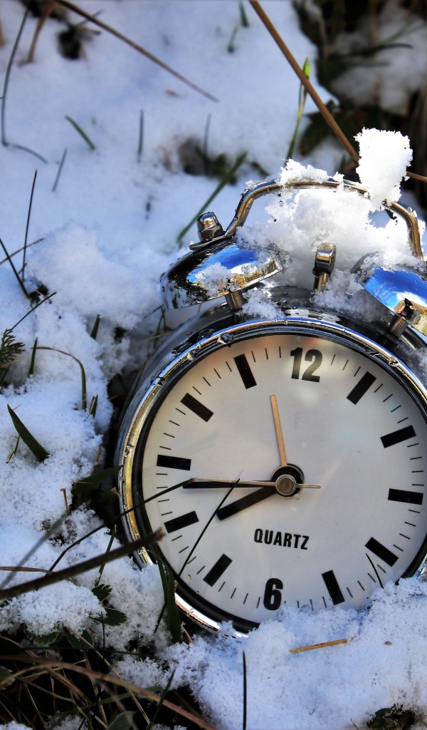 Silver alarm clock lies in the snow