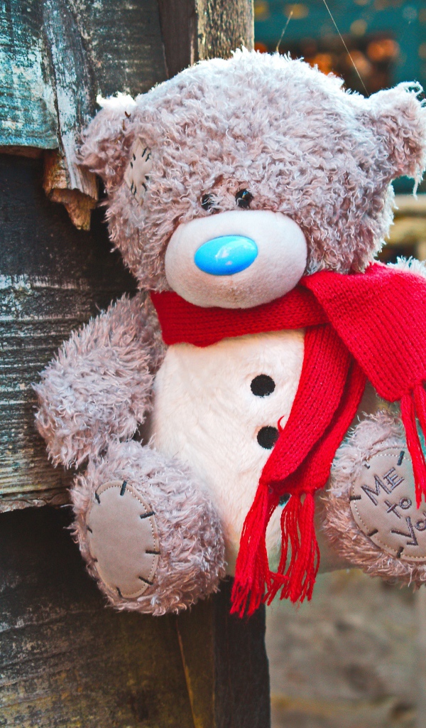 Медвежонок Тедди с красным бантом на заборе 