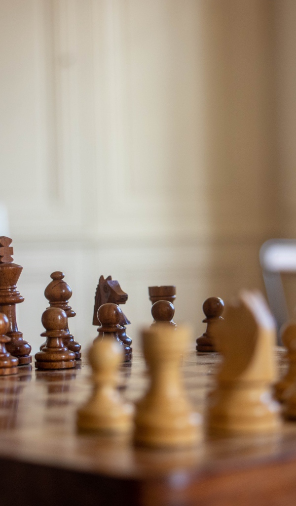 Деревянные шахматы на доске у окна