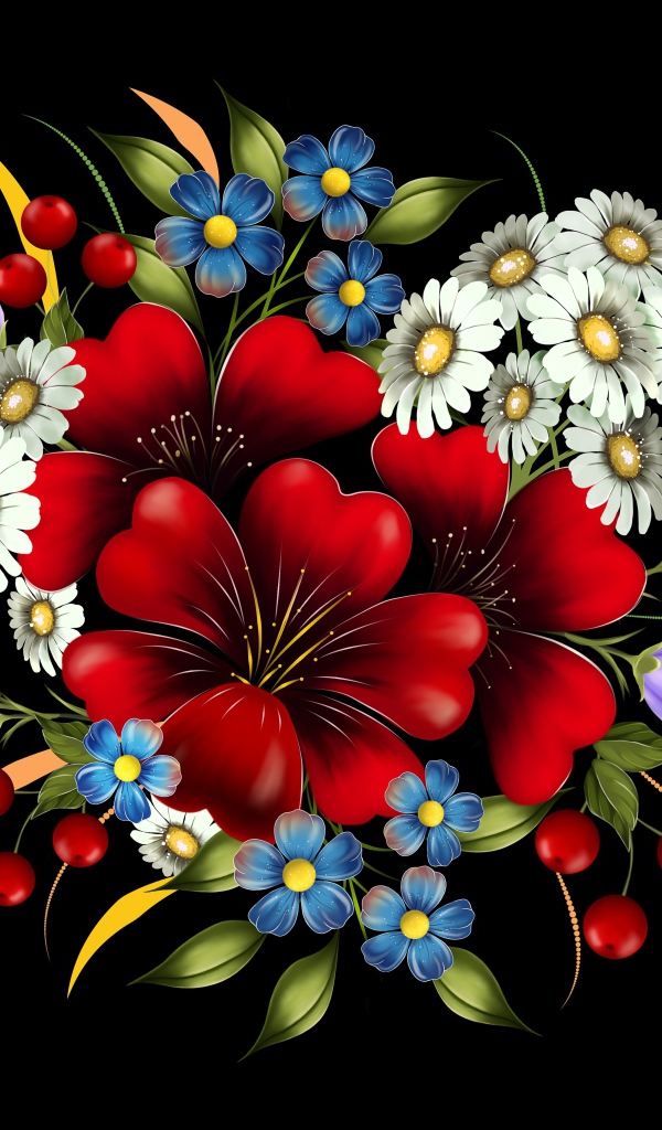 Нарисованные цветы на черном фоне