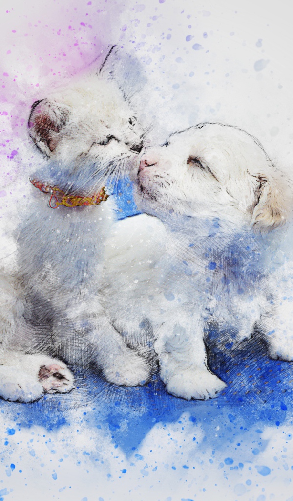 Нарисованные котенок и щенок на сером фоне