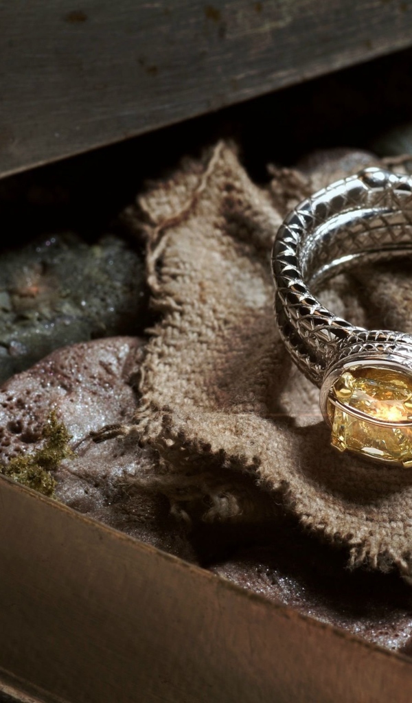 Серебряное кольцо с камнями в шкатулке